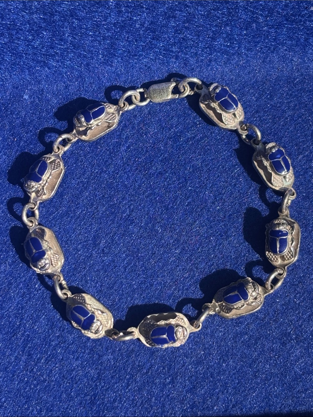 Silver Scarab Link Bracelet with Deep Blue Enamel